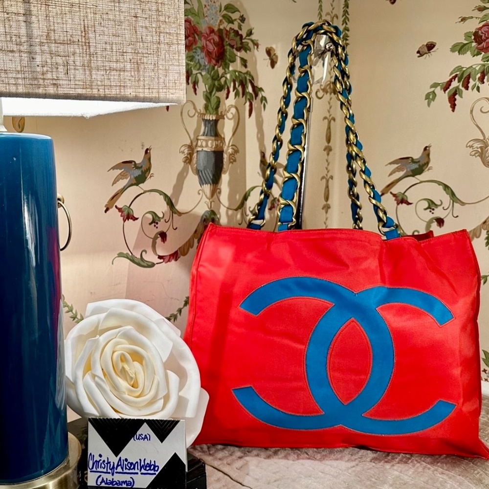 CHANEL 1990s Vintage Logo Jumbo Sexy Red & Blue Nylon Tote w/Large Chain Straps